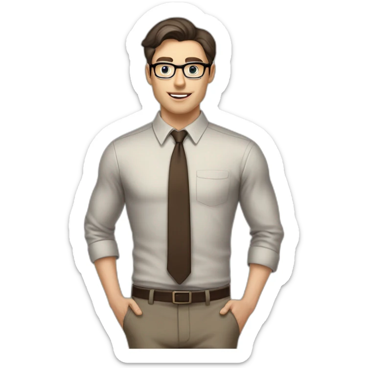Pale skinned fit man with dark brown hair in gray jacket, beige office shirt, brown tie, brown pants and vintage glasses Writing on the flipchart sticker