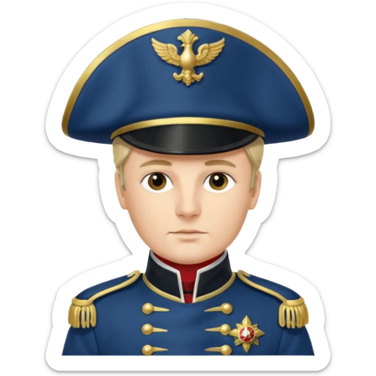 Napoleonic French officer, classic French military uniform, bicorne hat, blue coat with gold trim, epaulettes, confident pose, detailed, suitable for icon or emoji sticker