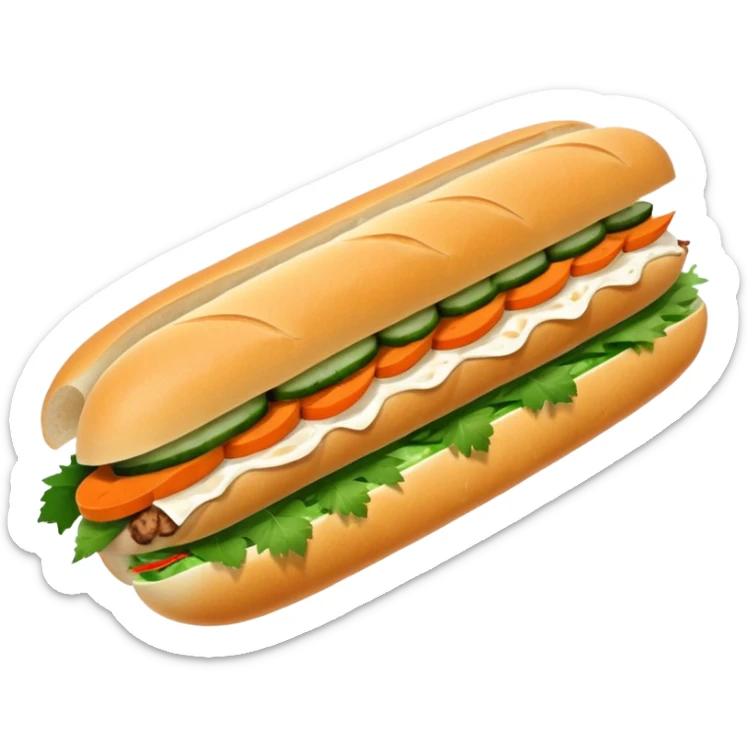 traditional banh mi with char grilled pork emoji 


    Very crusty baguette

    Mayo 

    Pickled carrot 

    Cucumber, coriander/cilantro, green onion, chilli 
 sticker