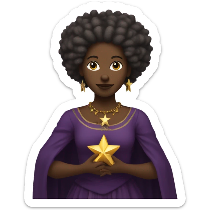 Afro indigenous woman with dread locks and dark skin, purple medieval dress holding a golden star. sticker
