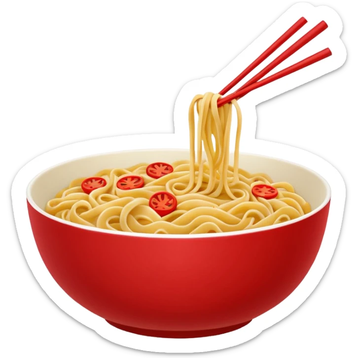 Chinese cuisine humanless avatar in bright emoji-style illustration. Noodles bowl, red and gold colors, simple shapes, flat design, bold and energetic. sticker