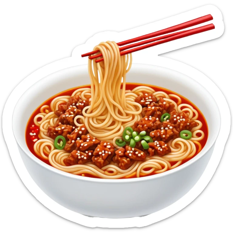 Chengdu Dan Dan Noodles with minced pork and chili oil, simplified emoji style with bold outlines and bright colors, cartoon style Sichuan street food in bowl sticker