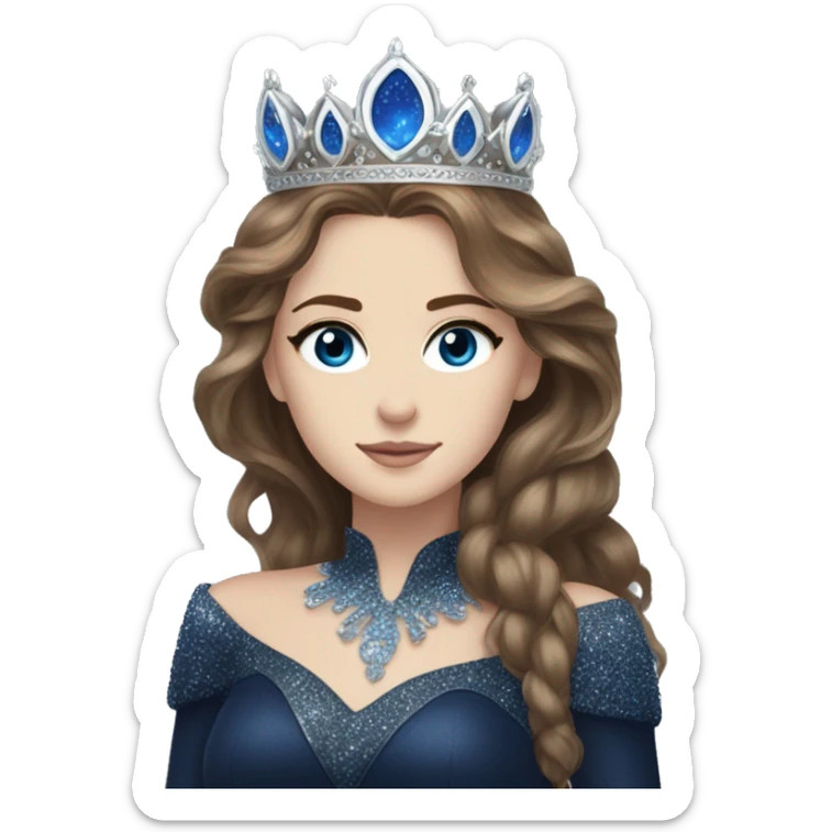 Feyre has brown hair with bright blue eyes and a silver crown on top of her head. She wears a dark blue glitter dress  sticker