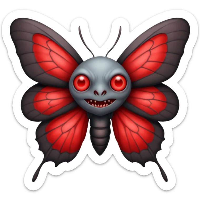 Create a scary emoji of the Mothman from point plesant west virginia with bright red eyes and as depicted in the legend. Make it less bird like and more Moth / Human hybrid sticker