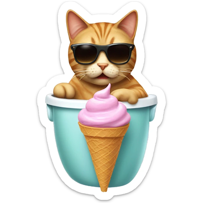 cat eatong ice cream pooping on a toilet with a cone on the head and sunglasses sticker