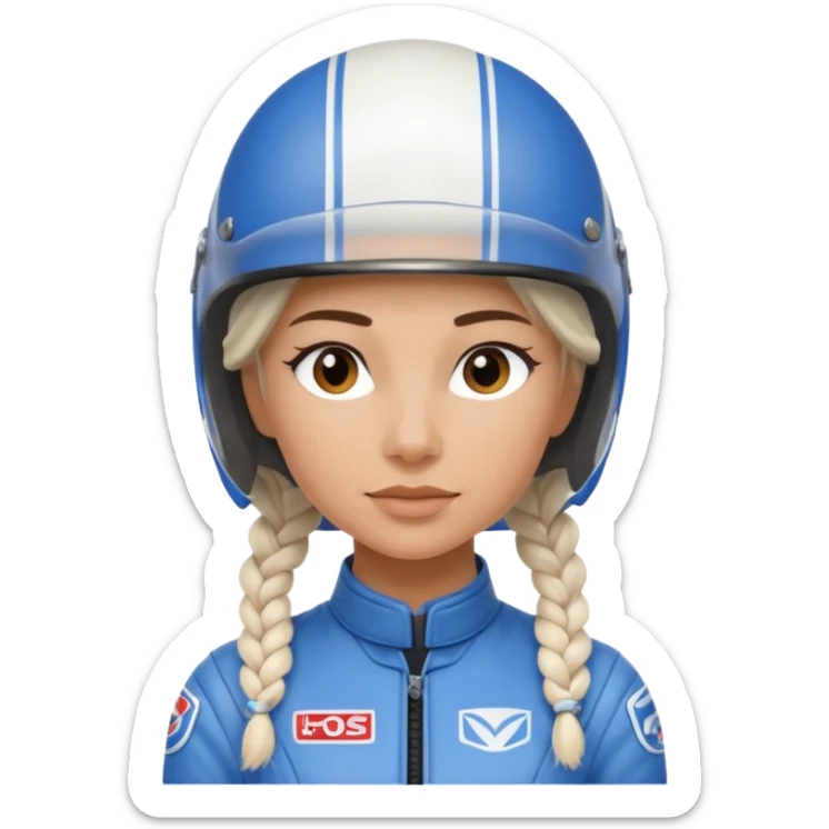 woman with white braided hair in blue racer helmet sticker