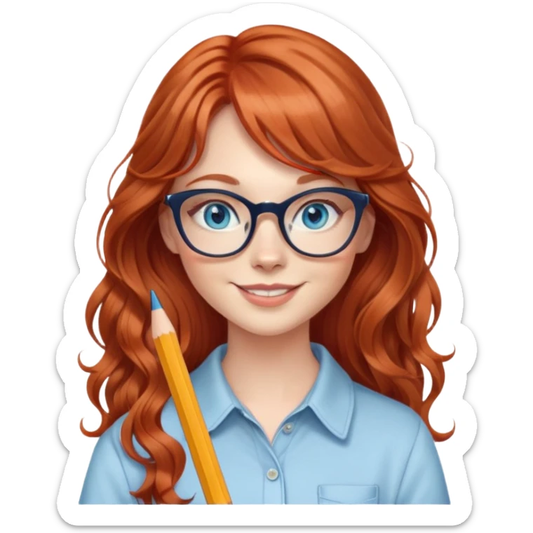 redheaded woman with very long wavy hair and bangs, blue eyes, clear cat-eye glasses, casual chic outfit, holding a pencil, smiling sticker