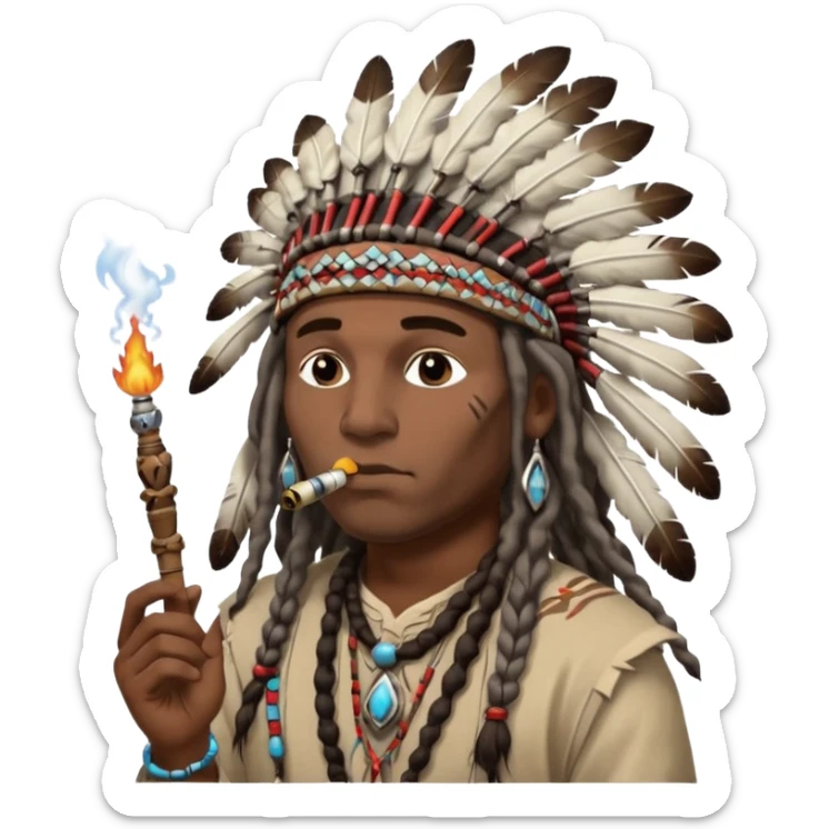 Black American man dark brown with dreads with a American Indian headdress with a peace pipe blowing smoke  sticker