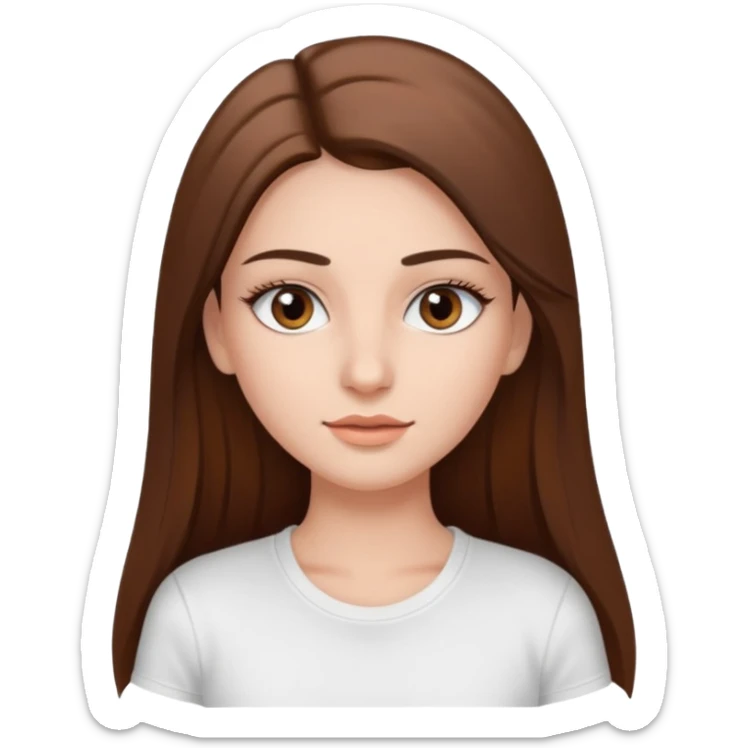 Chica de pelo liso ,largo y marrón con ojos color marrón  y una camiseta blanca y la piel blanca con pestañas y maquillada clean look sticker