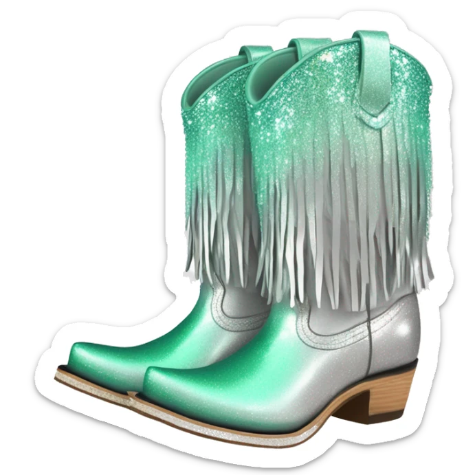 Realistic silver and mint green ombre pair of fashion cowgirl boots with sparkly shiny glitter fringe on them. sticker