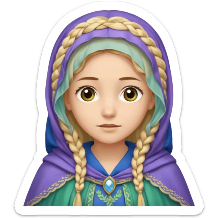 
mujer, Joven, de aspecto dulce y elegante.
Piel clara, ojos grandes y expresivos (pueden ser azules o verdes), sonrisa triste.
Rubio o castaño claro, largo, con trenzas o velo.
Vestido largo de tonos suaves (blanco, azul o lavanda), con bordados dorados; un manto o toca fina cubriendo la cabeza.
 sticker