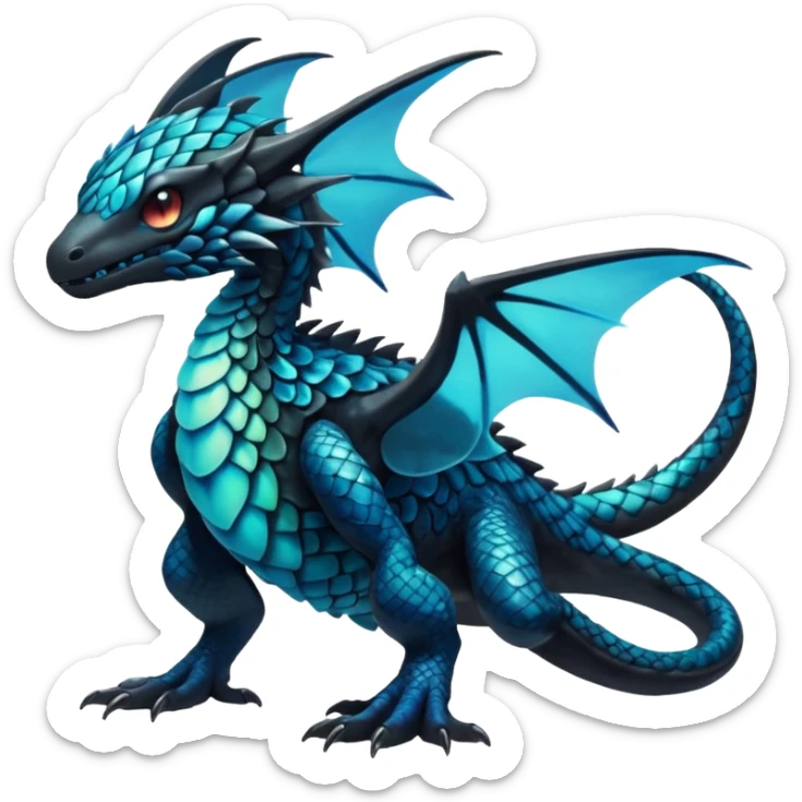 Multicolored dark shiny bioluminescent glowing black and cyan and blue gloomy spooky scales-covered pretty cool elegant realistic abyssal exotic Fakémon-Pokémon-Digimon-Trico, full body sticker