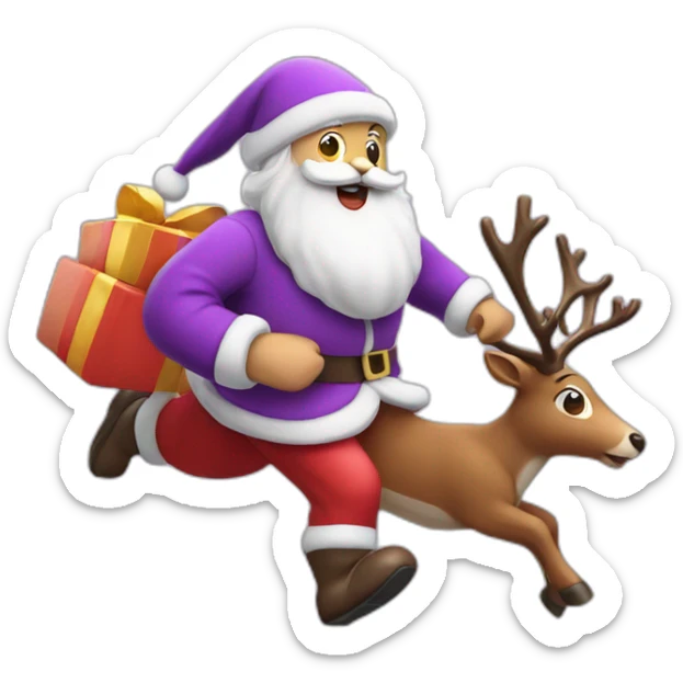 Santa Claus dressed in purple running with the reindeer to deliver the presents sticker