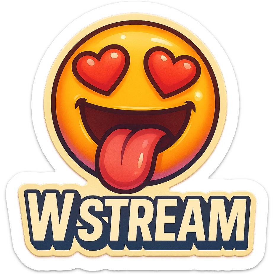 mouth open with tongue out heart shaped eye add the words “ W Stream " in White sticker