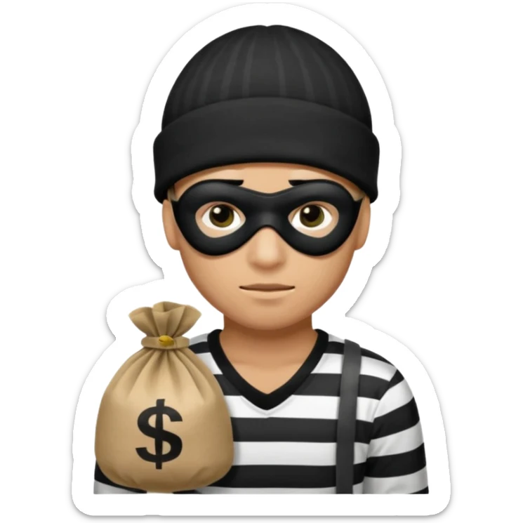 robber wears black eye mask, black beanies and black and white stibes shirt with one brown money bag beside him sticker