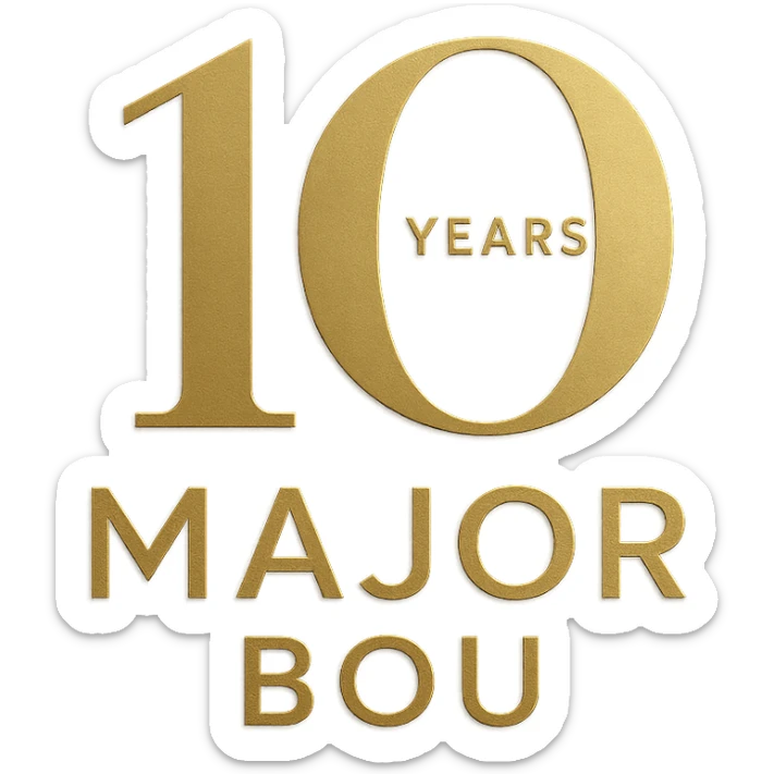 Elegant 10th anniversary logo for Major Bou with gold accents and a modern sans-serif font sticker
