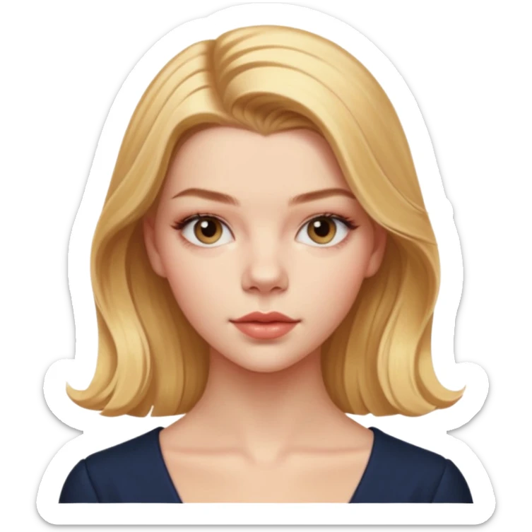 Cinematic Realistic Anya Taylor Joy Portrait, depicted with lifelike skin texture, subtle rosy undertones, and soft natural lighting that enhances the gentle contours of her face. Her intricately detailed golden blonde hair is elegantly. sticker