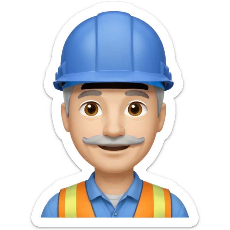 A man emoji with light skin, wearing a blue construction helmet, short gray hair on the sides, straight eyebrows, brown eyes, a small nose, and a thin short straight gray mustache above his smiling mouth. sticker