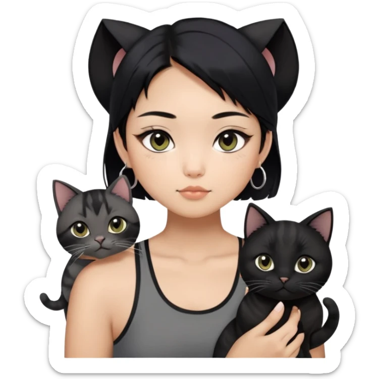Asian girl, black hair with grey highlights , slightly longer than shoulder.  Holding two BLACK cats. one cat has a round fat face, the other one has a slightly slimmer face. The girl also wearing a black singlet, a black chocked, silver round hook earring, and wearing eyeliner.  sticker