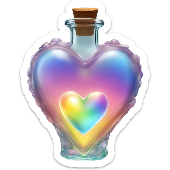 Antique oil heart bottle made of crystal glass of all gentle colors of the light rainbow, a living flower fairy sits at the bottom of the bottle sticker