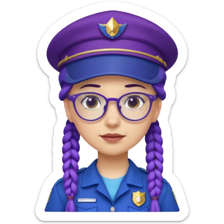 blue uniform wearing scout kid with purple braids and glassess with blue scout hat sticker