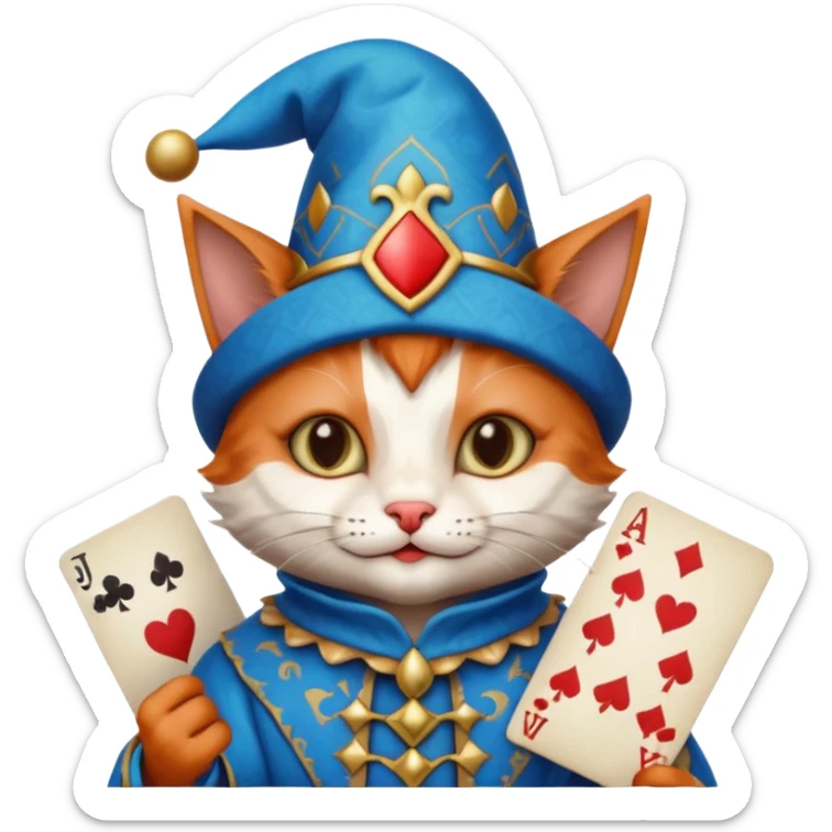 crazy colorful cute little cat jolly joker from poker, medieval, vintage, court jester, mac os icon, blue color, holds poker cards sticker