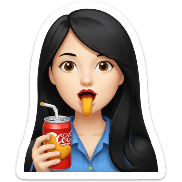 girl with long black hair eating with mouth on the chicken nugget and holding a soda can sticker