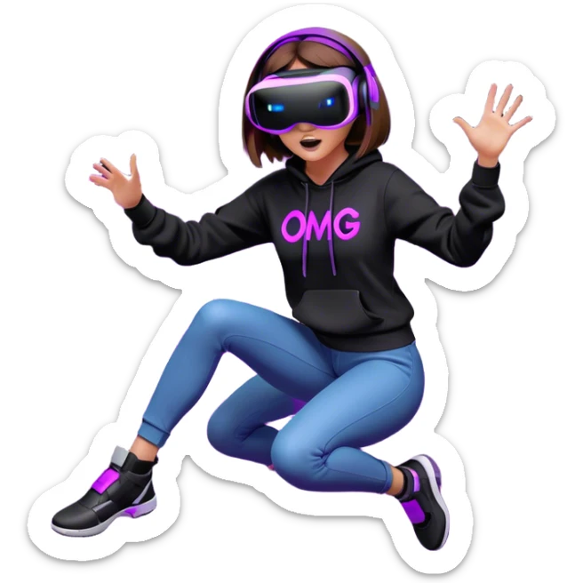 brown haired girl with a bob girl wearing black hoody with violet letters "OMG", in vr headset oculus quest2. jumping. Cyberpunk style. Violet neon. sticker