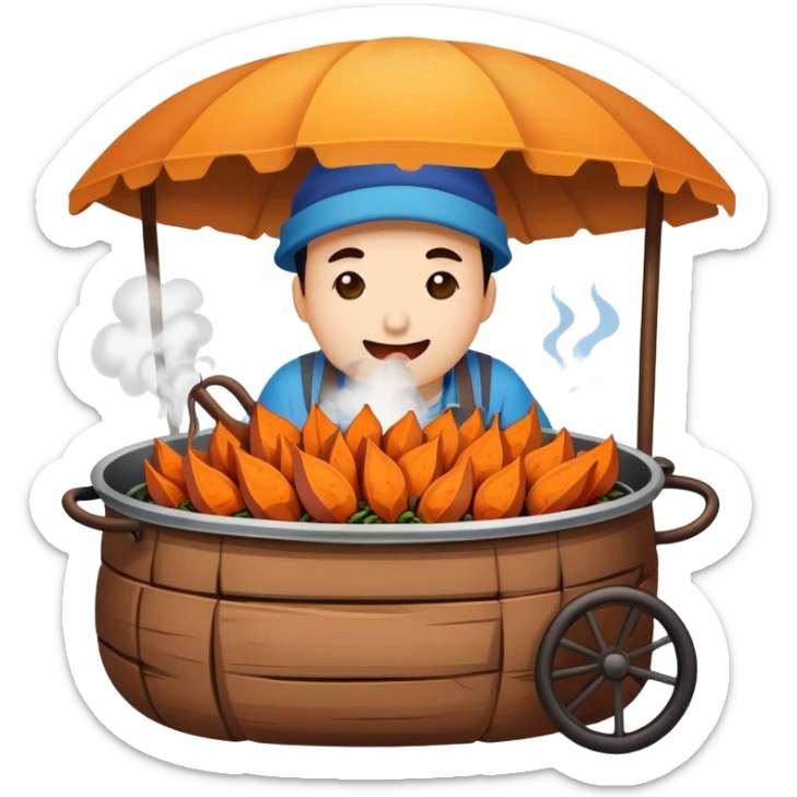 Street vendor roasted sweet potato with steam rising, simplified emoji style with bold outlines and bright colors, cartoon style hot Kao Hong Shu sticker
