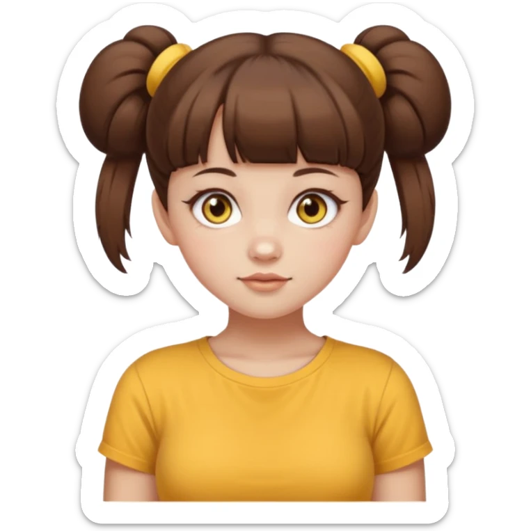 beautiful girl with brown hair with up twin buns style only, straight bangs, yellow eyes, milk brown tshirt, white skin, her body is a little fat  sticker