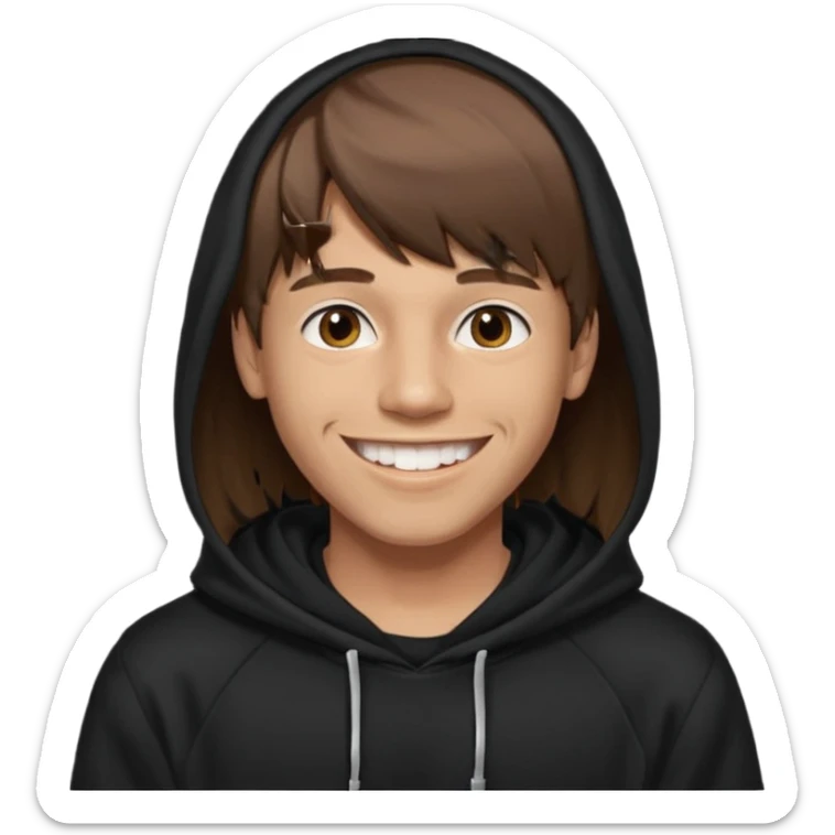 20 yr old man, brown hair, straight, big smile, white teeth, tanned skin, bangs, black hooded sweatshirt, long hair in back, middle parted bangs sticker