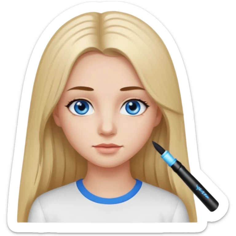 ragazza con capelli lunghi piastrati truccata con molto mascara, occhi azzurri e maglietta a maniche lunghe bianca  sticker