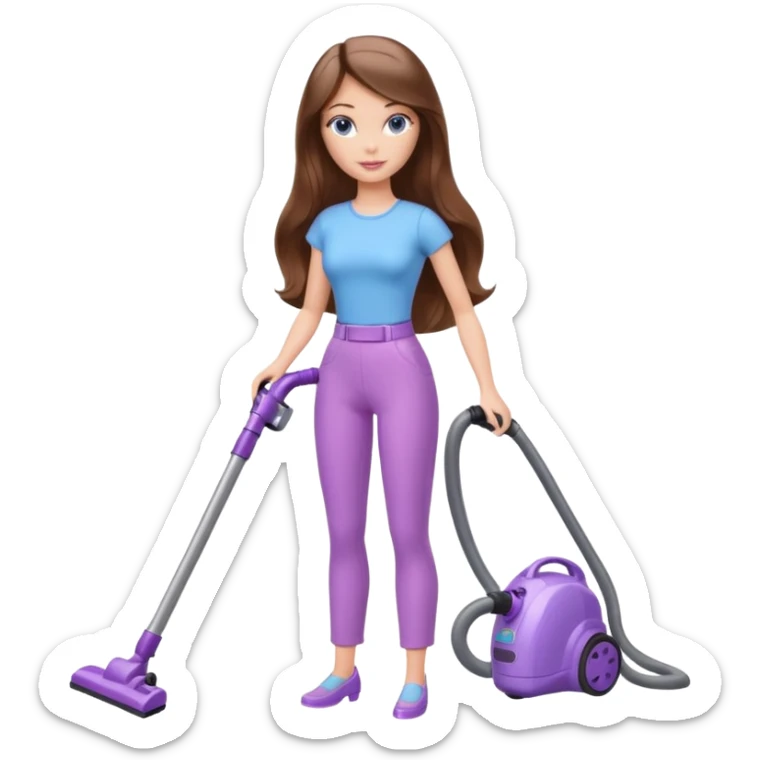 beautiful barbie girl with long brown hair, blue eyes and wearing light purple clothes, cleaning and vacuuming sticker