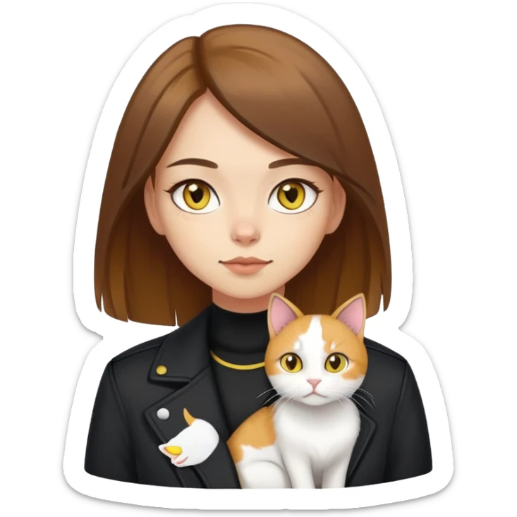 Light-skinned girl with brown straight hair wearing a black jacket, with a white cat with yellow eyes and a calico cat sticker