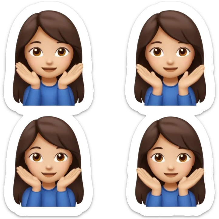 Create 4 cute emoji-style illustrations of a Filipina girl, chibi cartoon style, round face, warm brown skin, long dark hair.
Emoji 1: smiling sweetly with soft eyes.
Emoji 2: blushing shyly, hands near face, kilig expression.
Emoji 3: playful wink with a small heart.
Emoji 4: blowing a kiss. sticker
