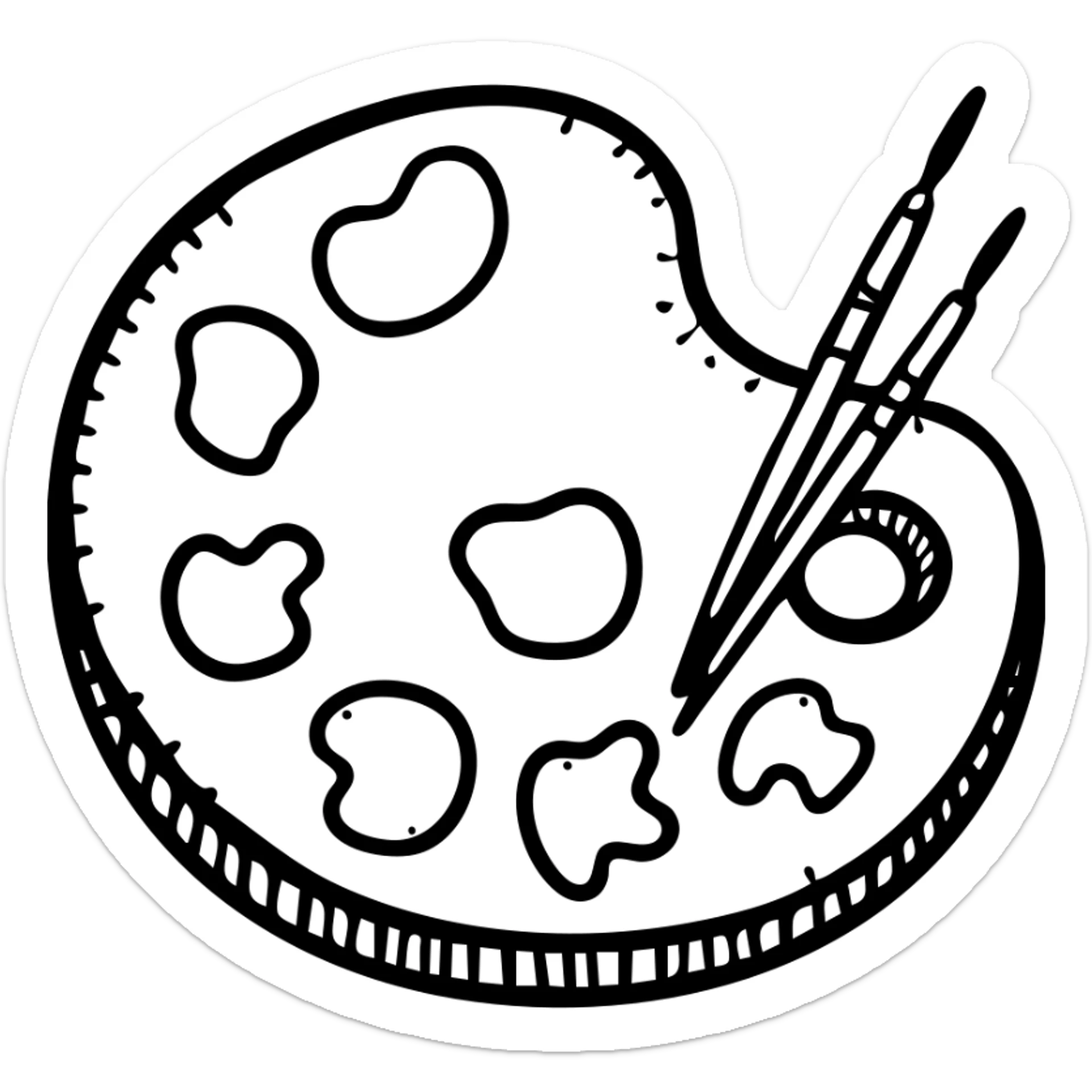 Detailed artist's palette with colorful paint blobs, palette holes, and paintbrushes nearby. Detailed hand-drawn icon style. sticker