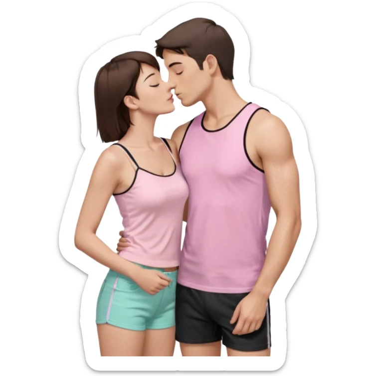 A couple, mid-20s, standing close and kissing. Man: short brown hair, clean-shaven, wearing a plain pastel pink t-shirt and dark shorts. His left arm is wrapped around the woman’s waist. Woman: long straight brown hair, wearing a black sleeveless glittery top with thin straps and a black skirt.  sticker