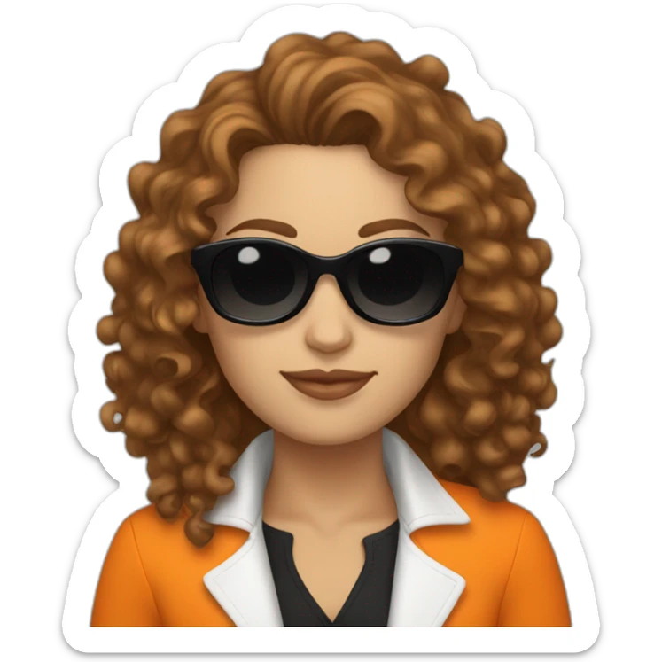 a curly brown hair white woman with black sunglasses and a orange trucksuit  sticker