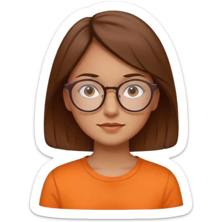 brown hair woman with round glasses orange shirt no smile sticker