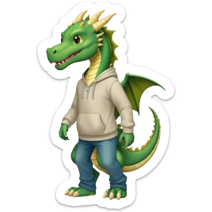 friendly anthropomorphised green dragon in a hoodie and jeans walking upright sticker