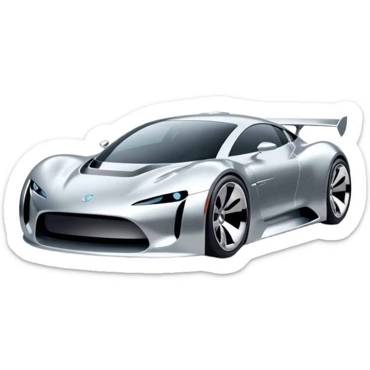 A low-profile futuristic car emoji made of polished silver chrome, wide body stance, smooth aerodynamic shape, glossy metallic surface, soft reflections, luxury swag aesthetic, minimal details, iOS emoji style, centered on clean white background, studio lighting sticker