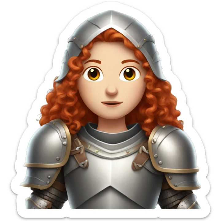 a white girl with long red curly hair and freckles, wearing armor sticker