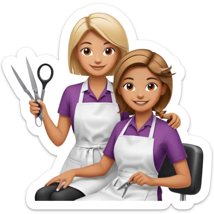 smiling woman in apron sitting in salon chair, smiling female hairstylist behind her with scissors sticker