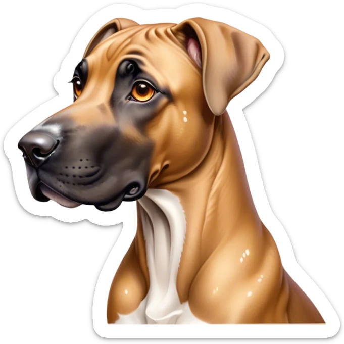 Cinematic Cute Fawn Great Dane Portrait Emoji, Head tilted playfully and inquisitively, showcasing a glossy fawn Fur with a subtle luster, round, sparkling amber eyes filled with curiosity, Simplified yet irresistibly adorable features, highly detailed, glowing with a warm, friendly glow, high shine, affectionate and gentle, stylized with a touch of whimsy, bright and endearing, soft glowing outline, capturing the essence of a mischievous yet loving pup, so playful it feels like it could lumber out of the screen and into your arms! sticker