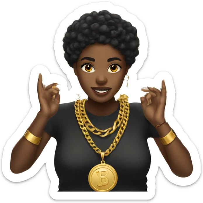 Black girl with black hair and a jersey shirt, chunky gold earrings, a lot of gold necklaces, her hands up showing her gold bracelets sticker