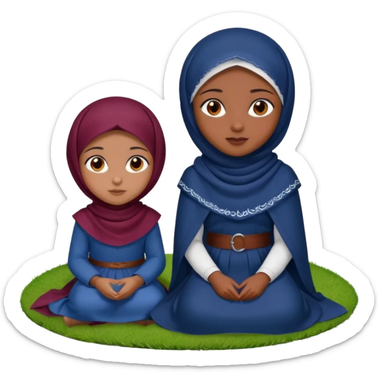 Turkish beautiful finish Konya two girls (friends) brown eyes and with dark blue and burgundy hijab islamic dress and sitting on grass  sticker