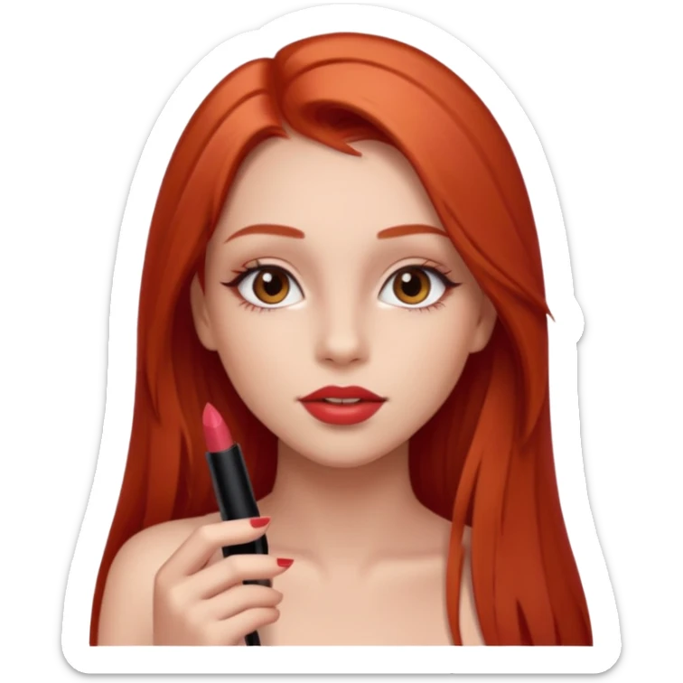 una chica con pose divertida de 18 años con los labios con pintalabios nude y los ojos maquillados, de piel blanca con el pelo liso, largo y pelirrojo, ojos marrones sticker