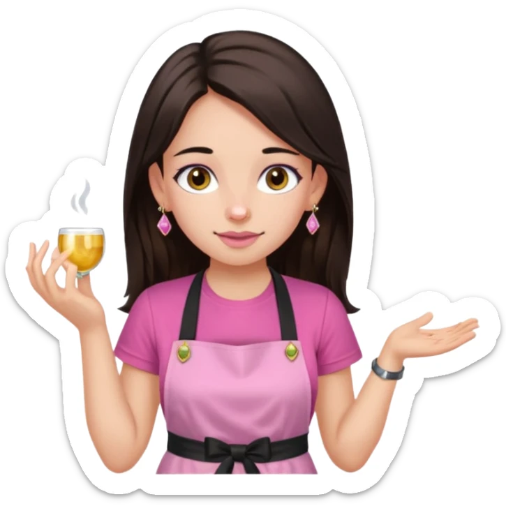 Fille cheveux long châtain foncé, peau beige type européen yeux marron, teeshirt rose avec un tablier noir, piercing au nez anneau doré, boucle d’oreille type diamant doré. Elle fait les ongles nail artiste sur le tablier écrire NIELART en rose  sticker