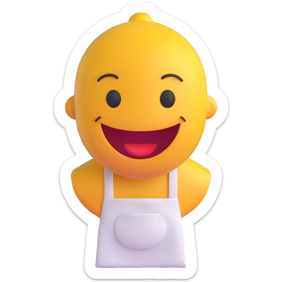 3D smiley emoji, circular shape, wearing a seller apron, with a funny and kind facial expression, transparent background sticker