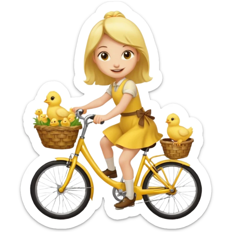 A cartoon girl riding a bicycle with a basket full of baby chicks, 1:1 square ratio. sticker